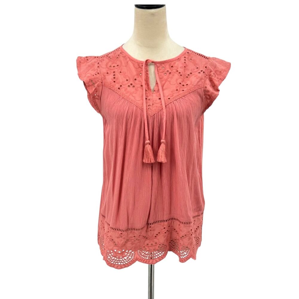 Style & Co. NEW Petite Coral Pink Knit Eyelet Tassel V-neck Casual Summer Top
